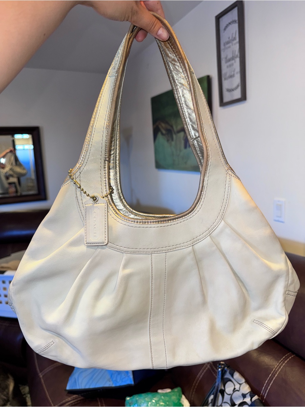 Coach Cream Leather Hobo Bag With Gold Hardware